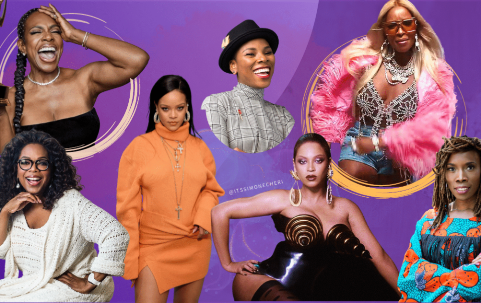 black women in entertainment collage header image with Sheryl Lee Ralph, Oprah, Luvvie Ajayi, Rihanna, Beyonce, Mary J. Blige and Dr. Thema Bryant